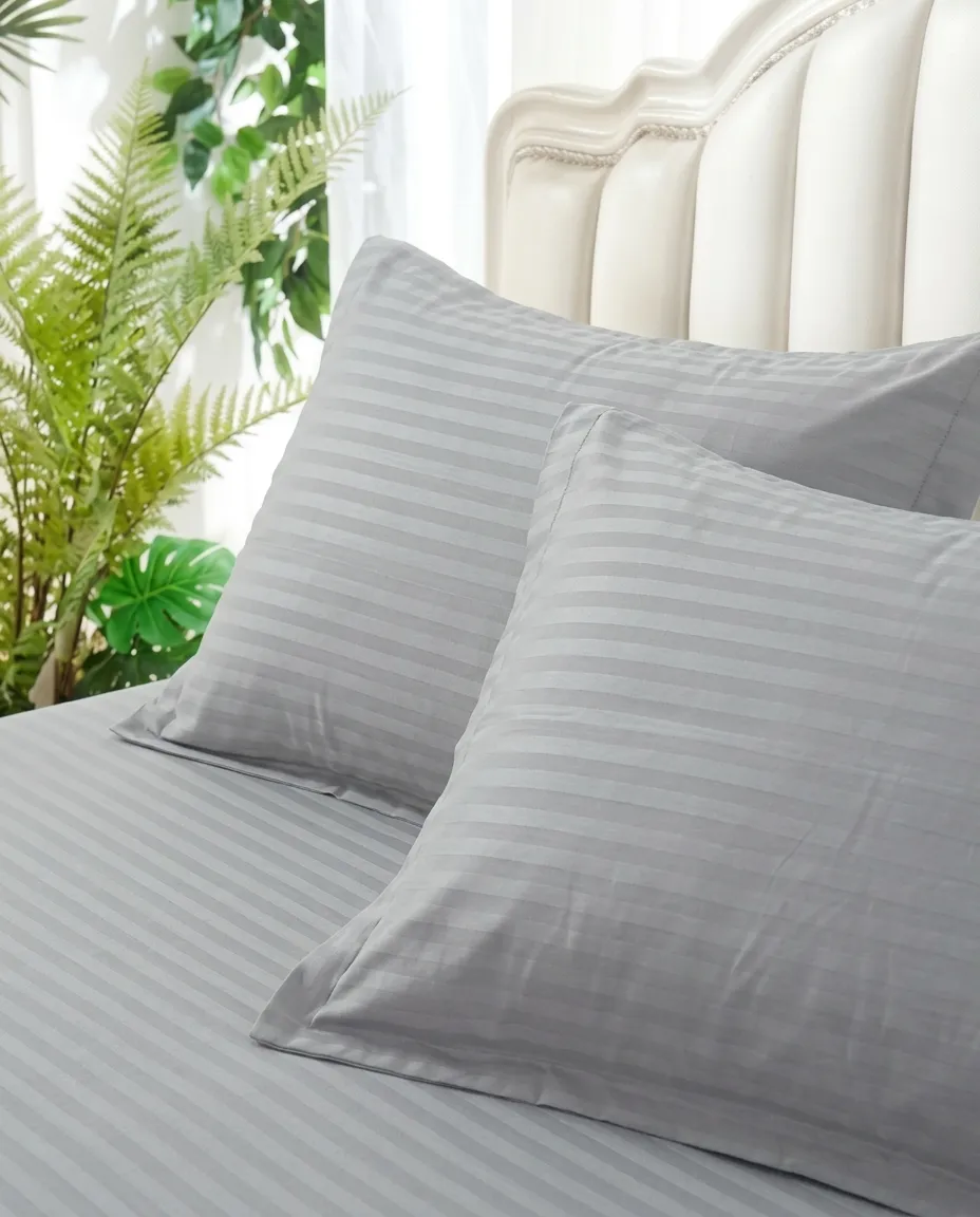 Double Bed Fitted Sheet With 2 Pillow Covers Strip Pattern – 160 × 190 cm