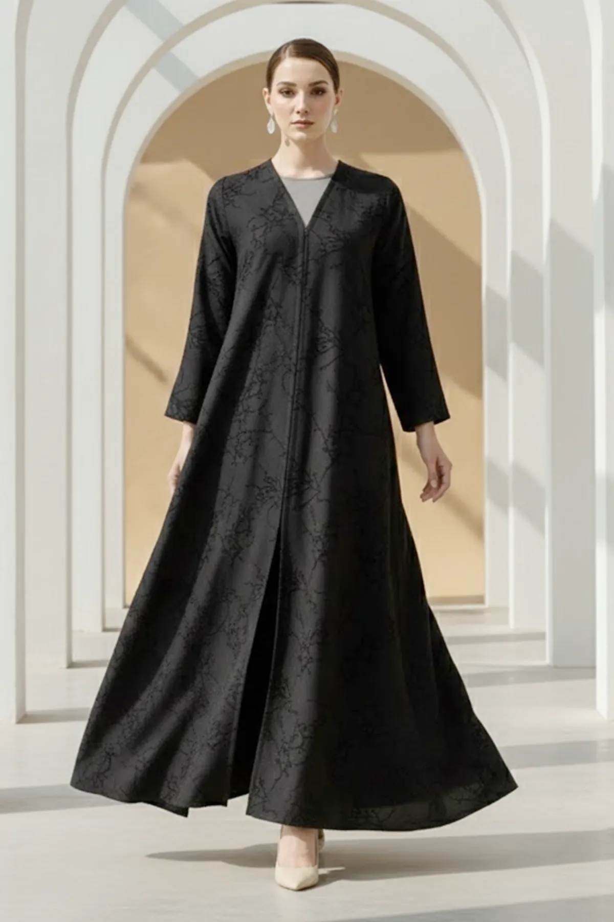 Unique Jacquard Texture Modern Long Sleeve V-neck Button Closure Women Fashion Arabic Muslim Abaya