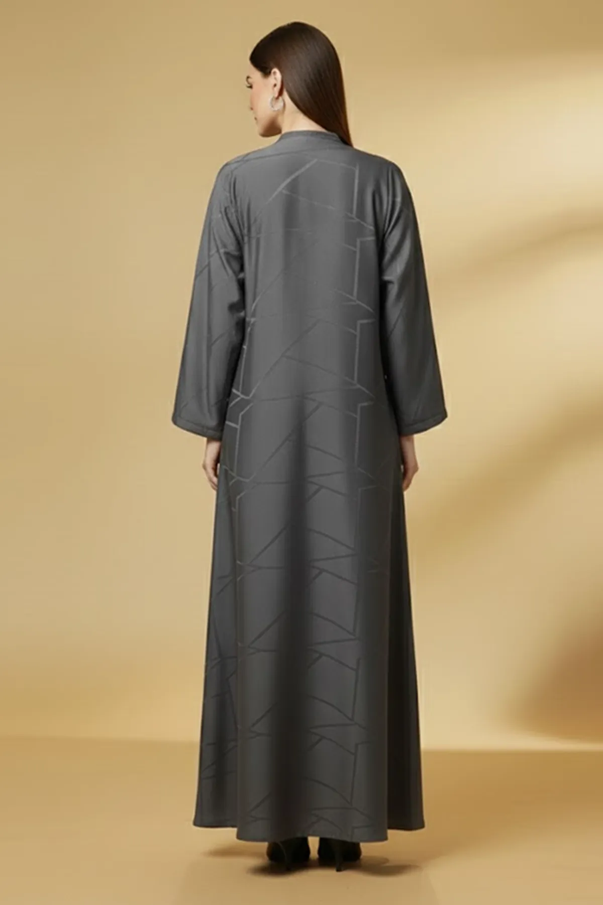 Modern V-neck Maxi Muslim Abaya Geometric Pattern Quality Fabric Long Sleeve A-line Womens Abaya