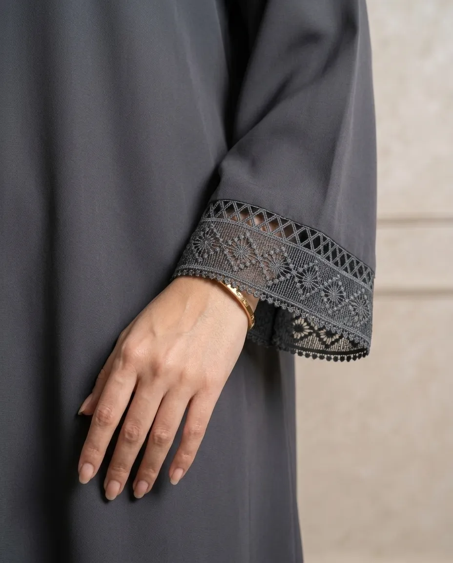Premium Gray 3-piece Abaya Set For Women With Lace Border Inner Hijab