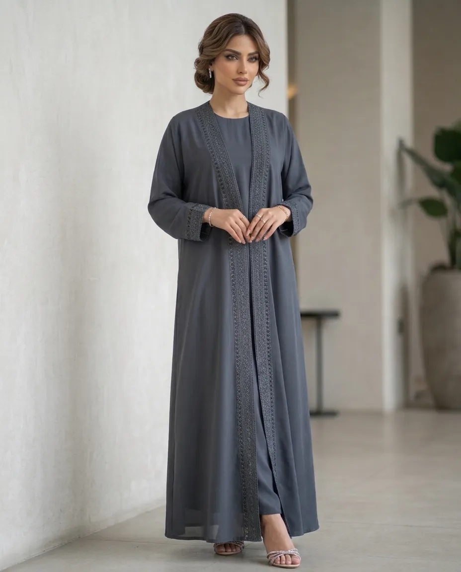 Premium Gray 3-piece Abaya Set For Women With Lace Border Inner Hijab