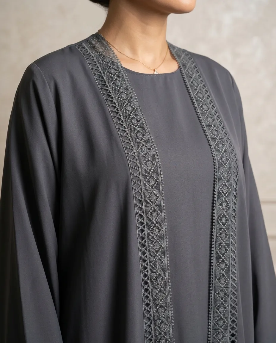 Premium Gray 3-piece Abaya Set For Women With Lace Border Inner Hijab