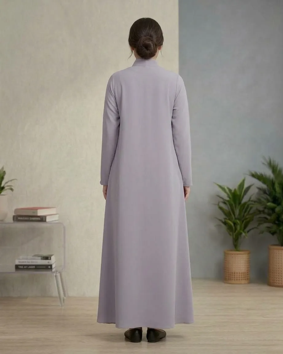Women’s High-Neck Zipper Pleated Grayish Abaya With Scarf
