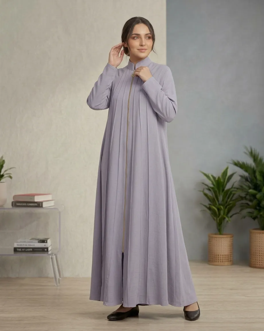 Women’s High-Neck Zipper Pleated Grayish Abaya With Scarf