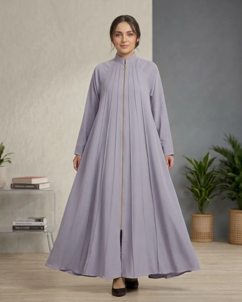 Women’s High-Neck Zipper Pleated Grayish Abaya With Scarf