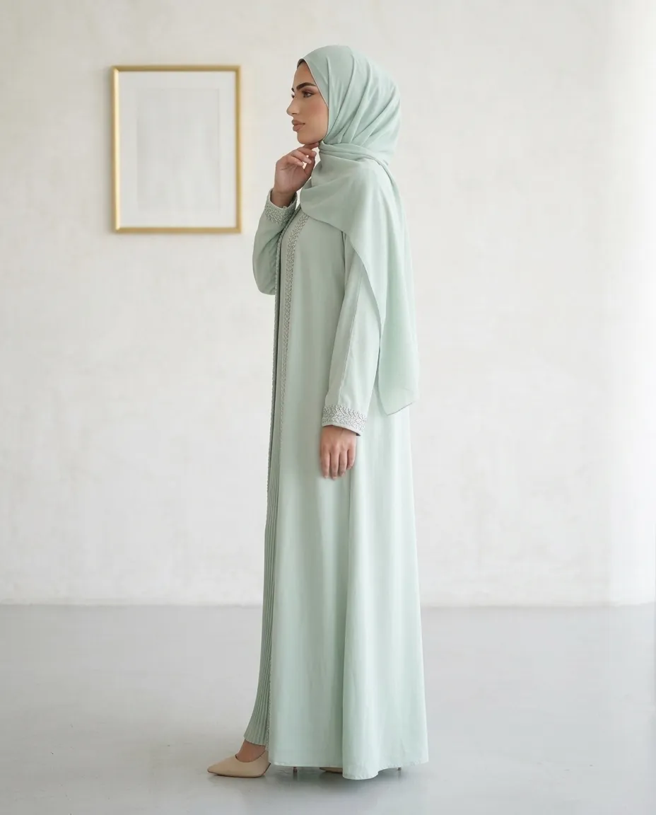3 Pieces Premium Pistachio Green Open Abaya Set with Pleated Slip Dress And Sheila