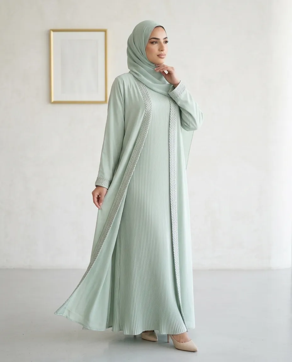 3 Pieces Premium Pistachio Green Open Abaya Set with Pleated Slip Dress And Sheila