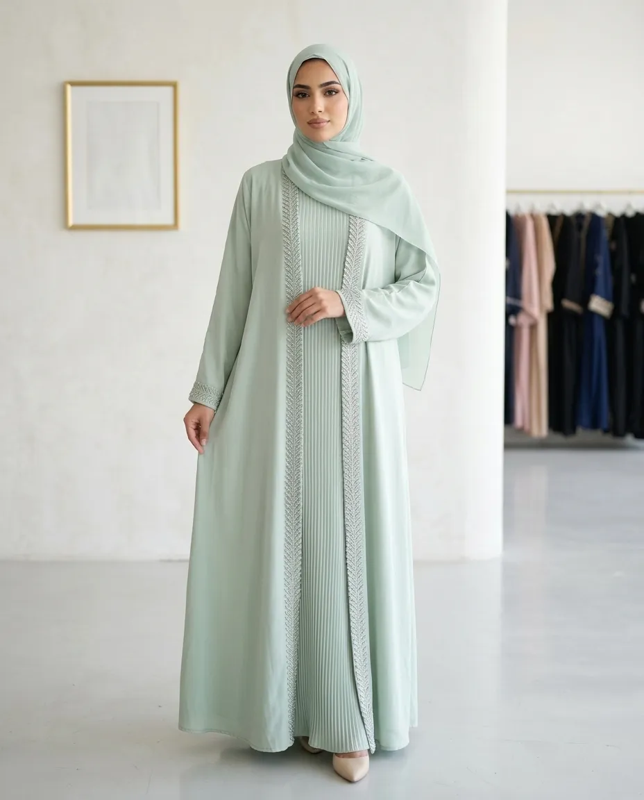 3 Pieces Premium Pistachio Green Open Abaya Set with Pleated Slip Dress And Sheila
