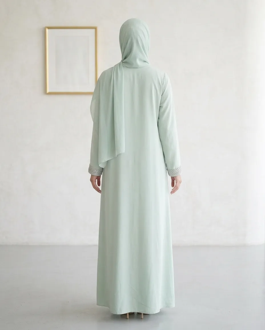 3 Pieces Premium Pistachio Green Open Abaya Set with Pleated Slip Dress And Sheila