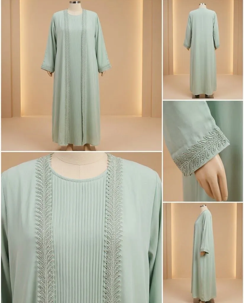 3 Pieces Premium Pistachio Green Open Abaya Set with Pleated Slip Dress And Sheila