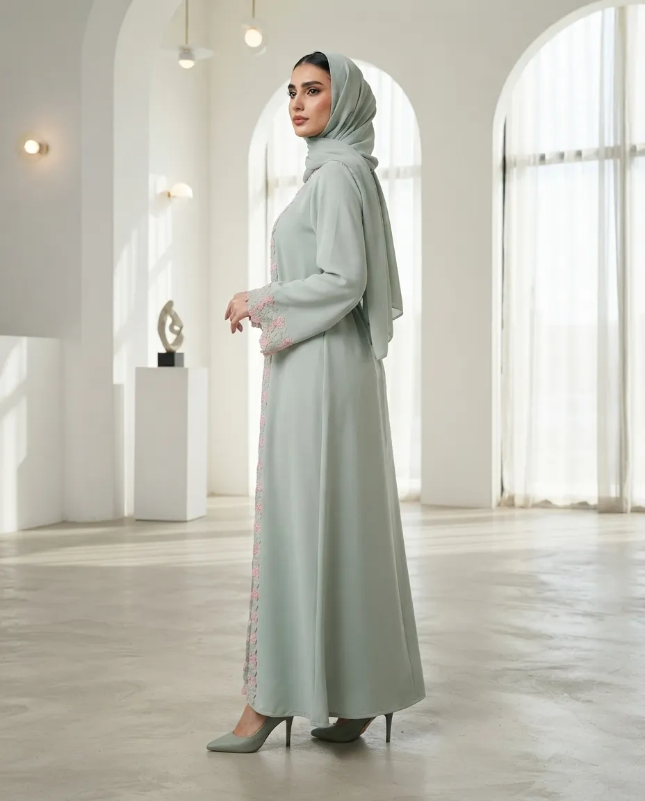 Sage Green Floral Lace Pleated Abaya 3-Piece Set with Hijab