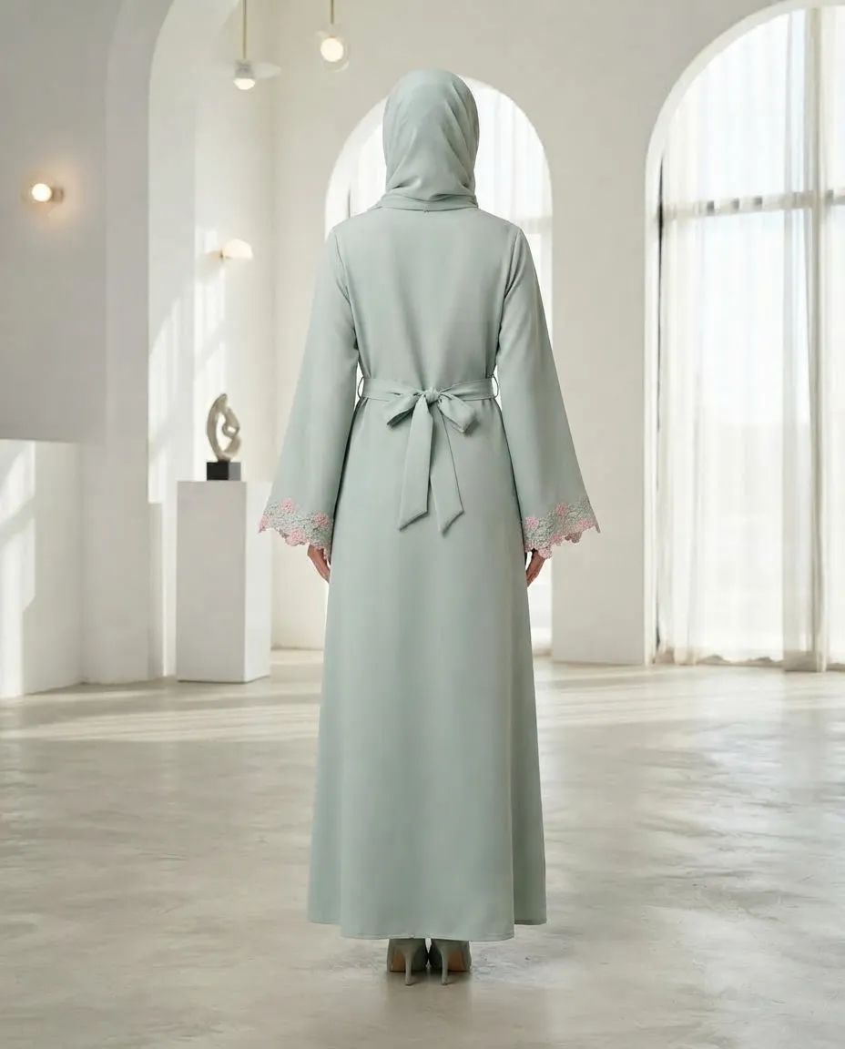 Sage Green Floral Lace Pleated Abaya 3-Piece Set with Hijab