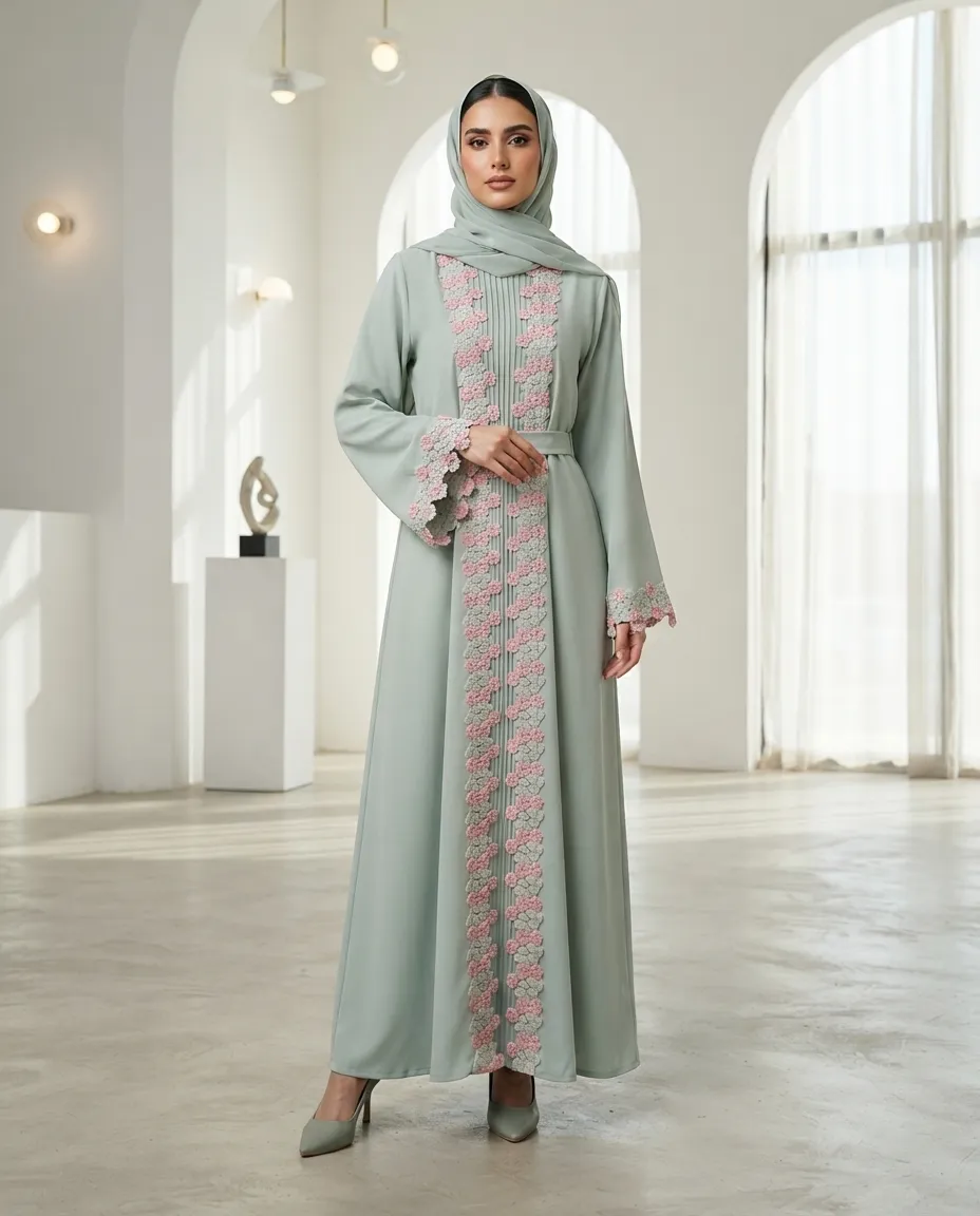 Sage Green Floral Lace Pleated Abaya 3-Piece Set with Hijab