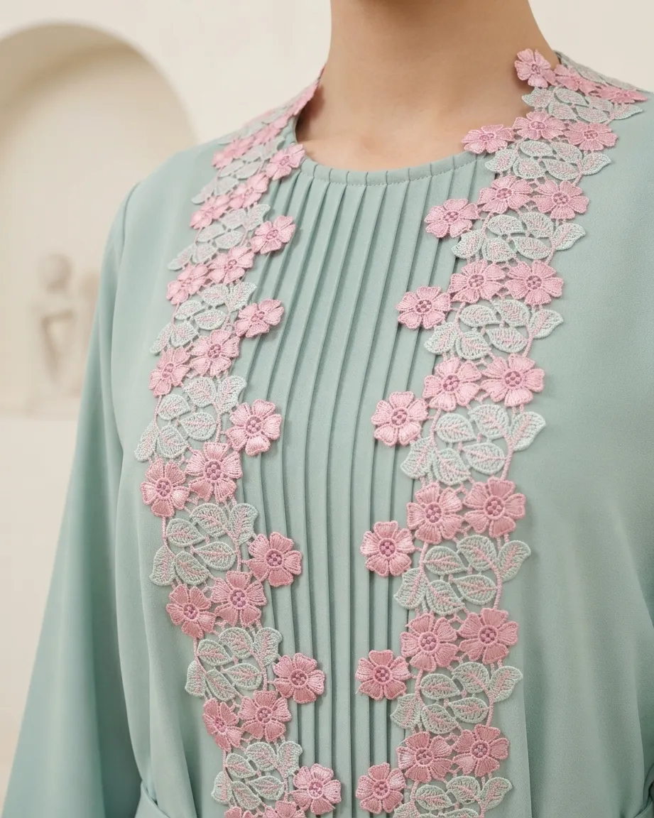 Sage Green Floral Lace Pleated Abaya 3-Piece Set with Hijab