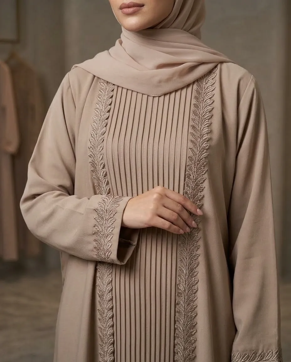 3-Piece Lace Border Khaki Pleated Abaya With Inner & Sheila