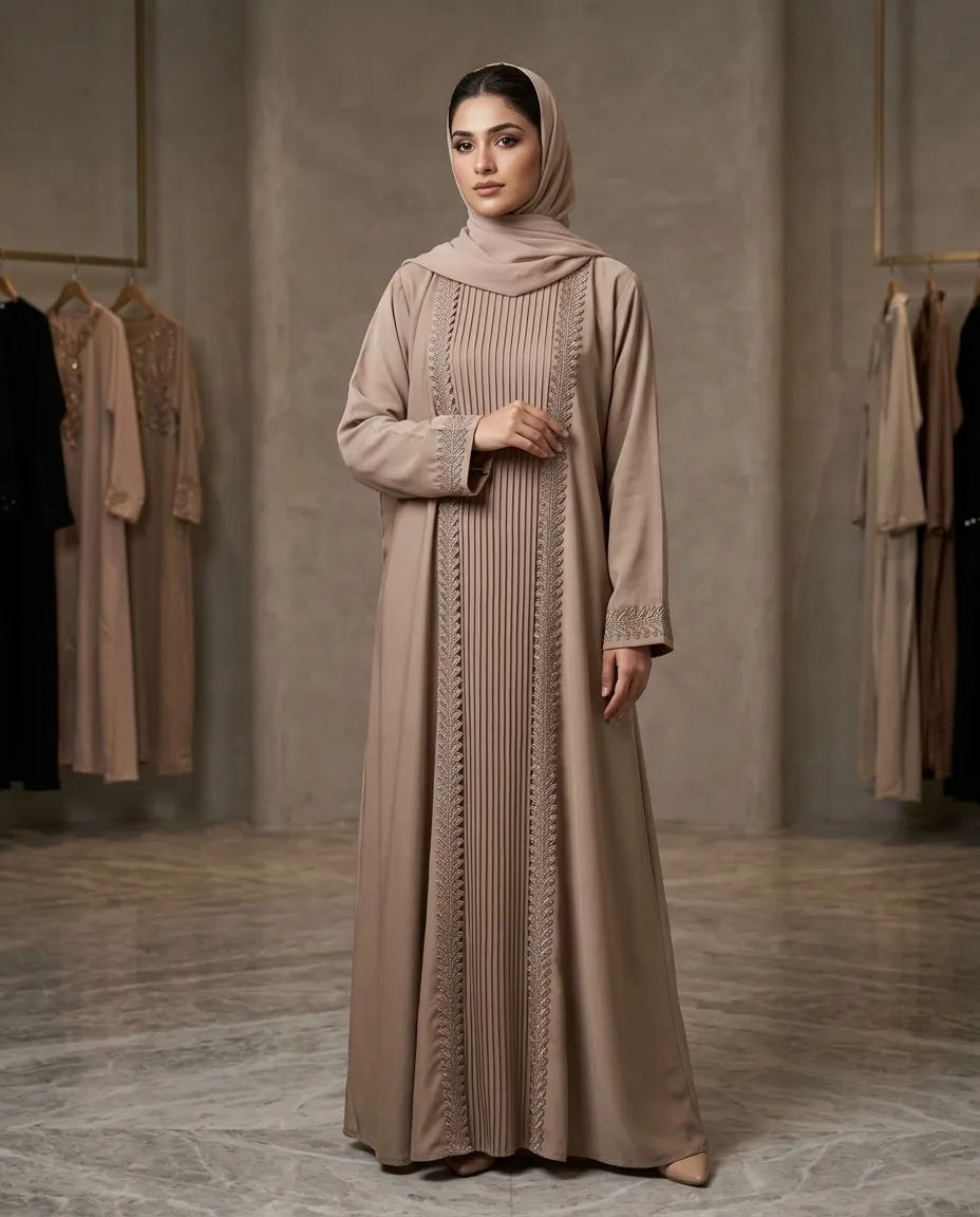 3-Piece Lace Border Khaki Pleated Abaya With Inner & Sheila