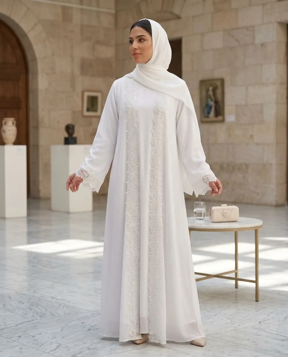 Luxury White Lace Embroidered Abaya Set with Inner & Scarf
