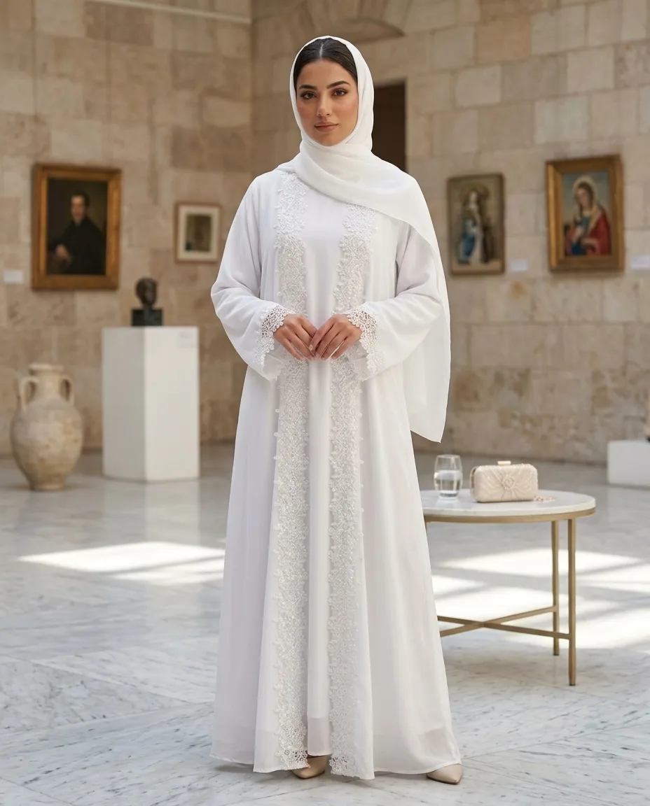 Luxury White Lace Embroidered Abaya Set with Inner & Scarf