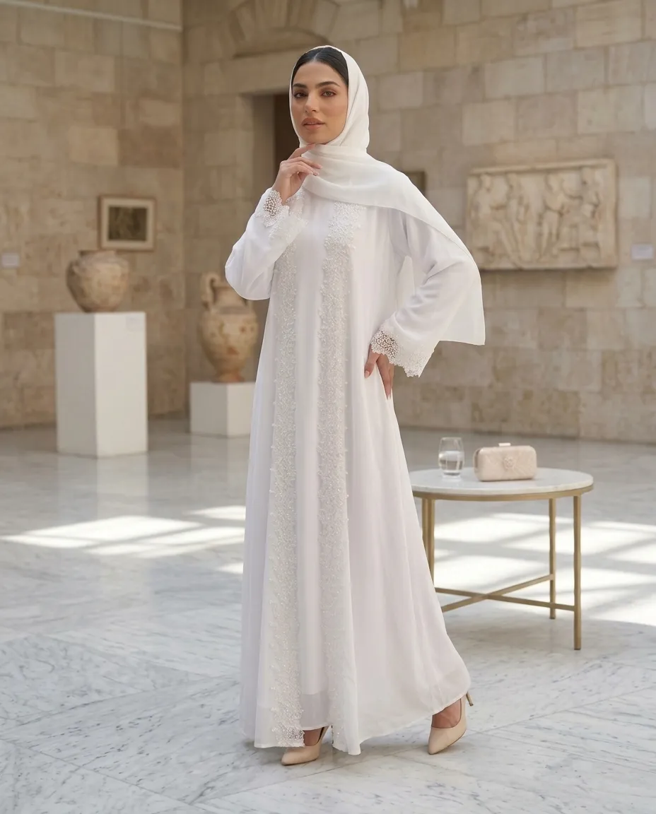 Luxury White Lace Embroidered Abaya Set with Inner & Scarf