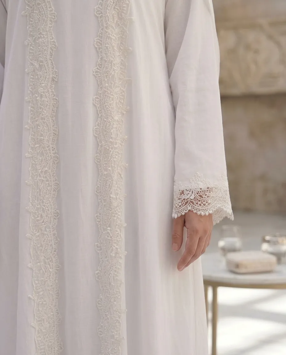 Luxury White Lace Embroidered Abaya Set with Inner & Scarf