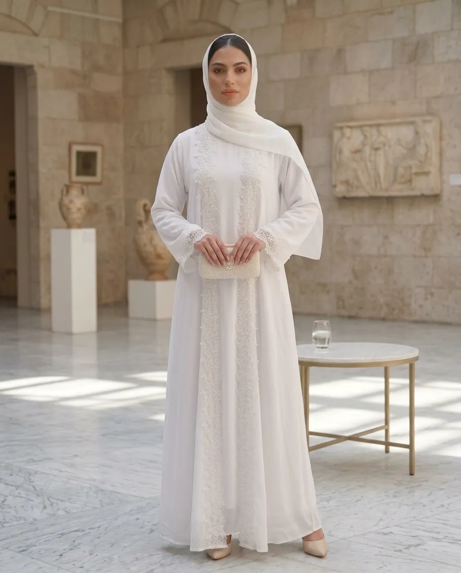 Luxury White Lace Embroidered Abaya Set with Inner & Scarf