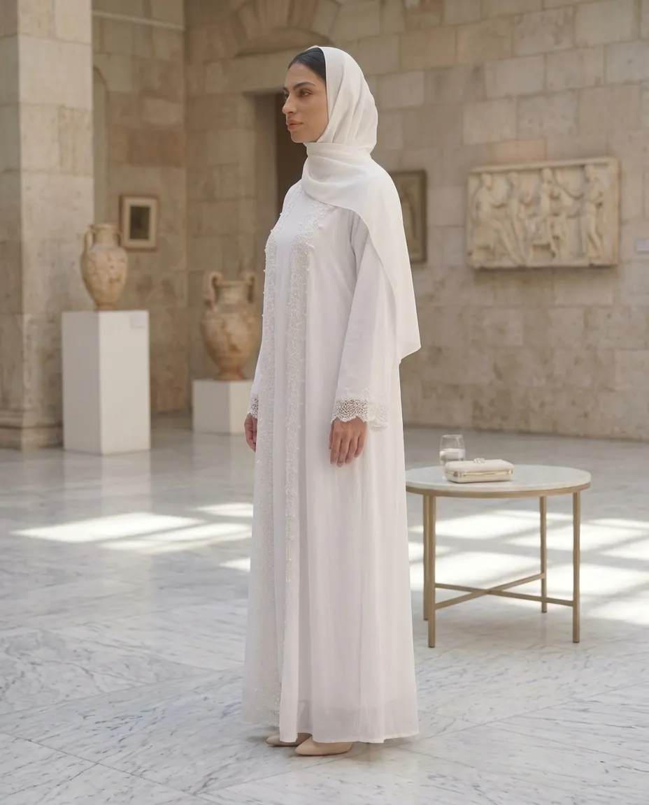 Luxury White Lace Embroidered Abaya Set with Inner & Scarf