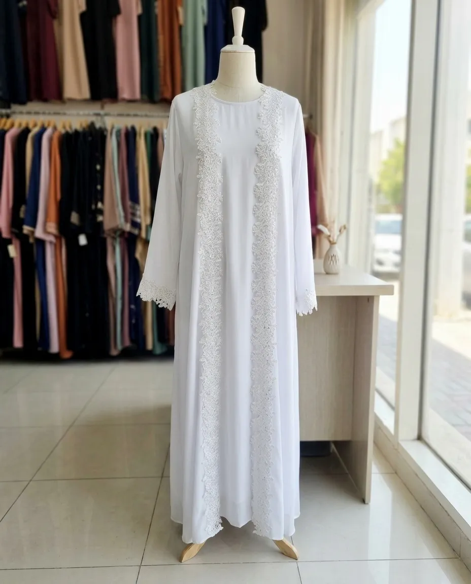 Luxury White Lace Embroidered Abaya Set with Inner & Scarf