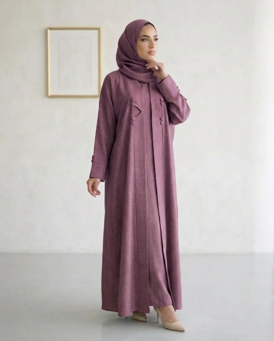 Light Maroon Modest 3 Pieces Abaya Textured Fabric With Inner And Hijab