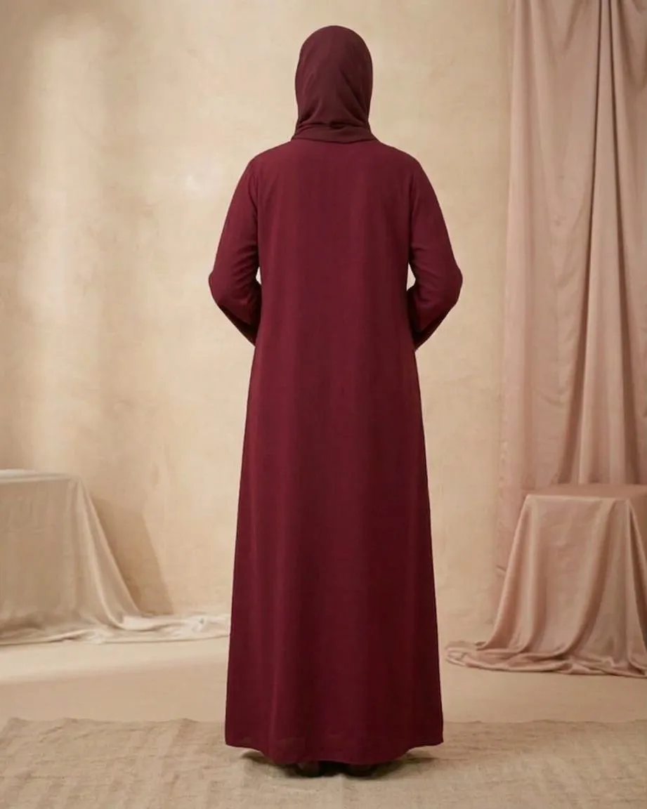 Maroon 3-Piece Abaya Set for Women with Lace Border, Inner & Hijab