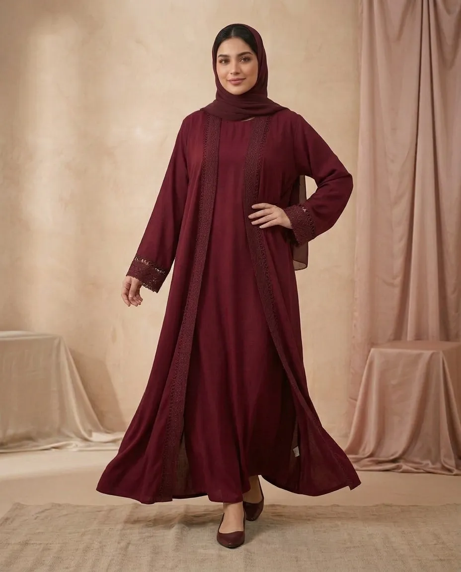 Maroon 3-Piece Abaya Set for Women with Lace Border, Inner & Hijab