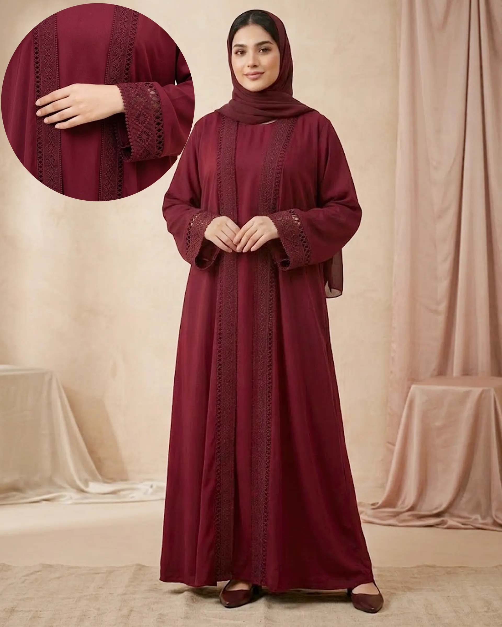 Maroon 3-Piece Abaya Set for Women with Lace Border, Inner & Hijab