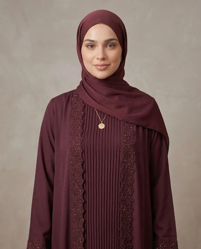 Maroon Pleated 3-Piece Lace Abaya Set With Inner & Sheila