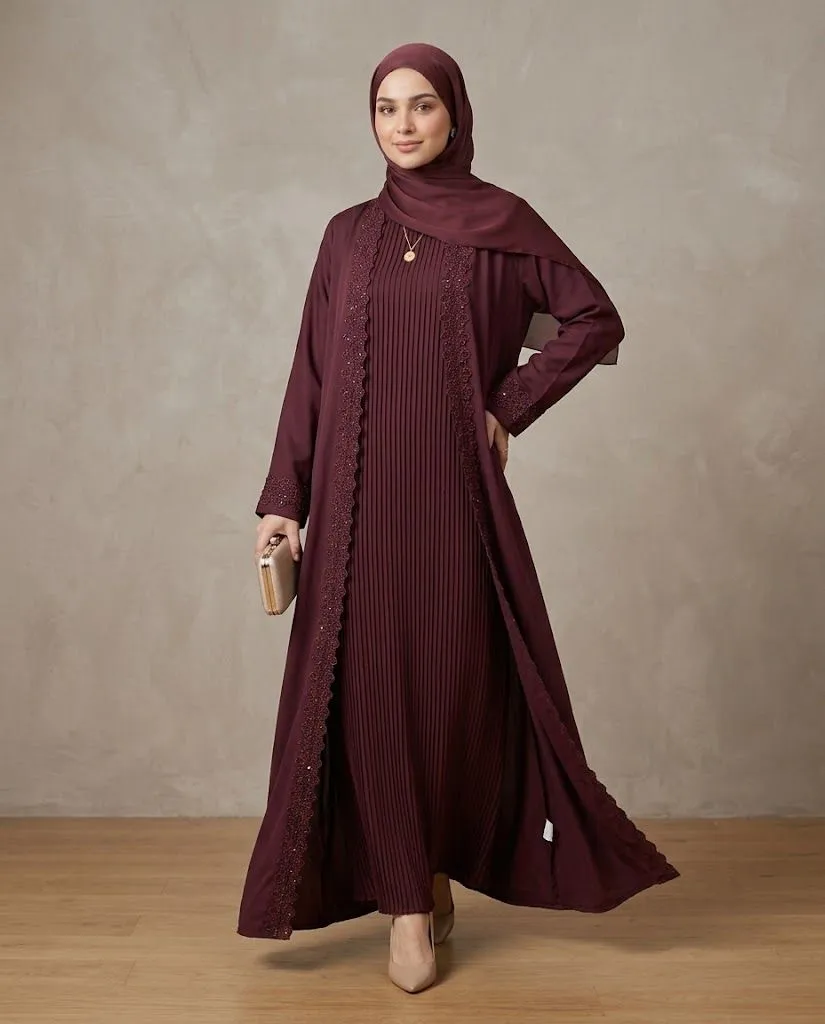 Maroon Pleated 3-Piece Lace Abaya Set With Inner & Sheila
