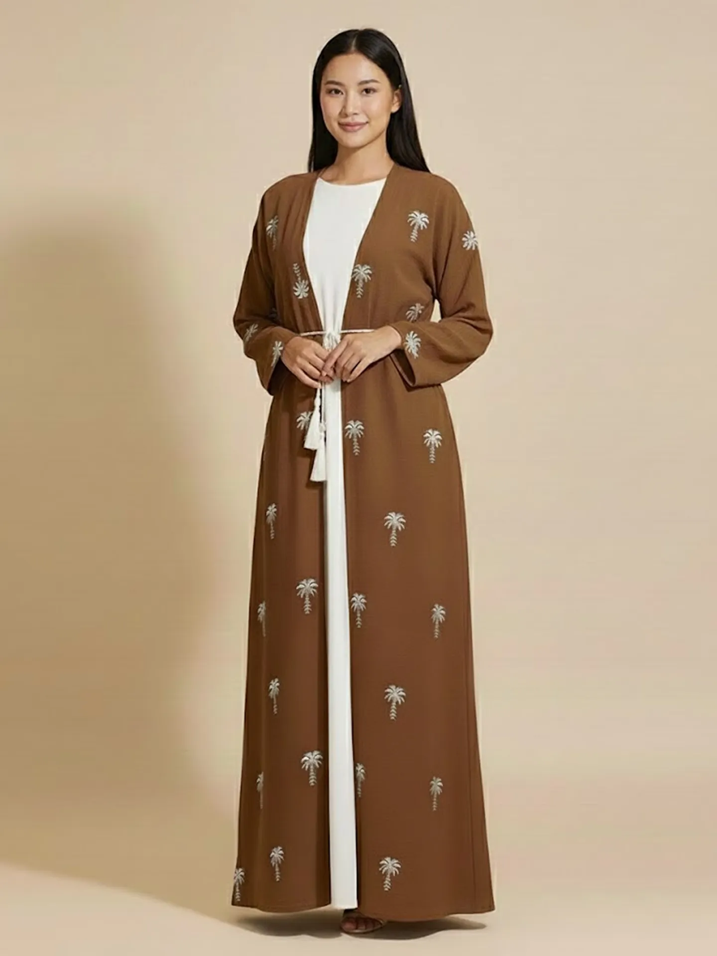 2 Pieces Palm Pattern Embroidery Women's Abaya With Inner Set Arabic Muslim Casual Abaya Dress