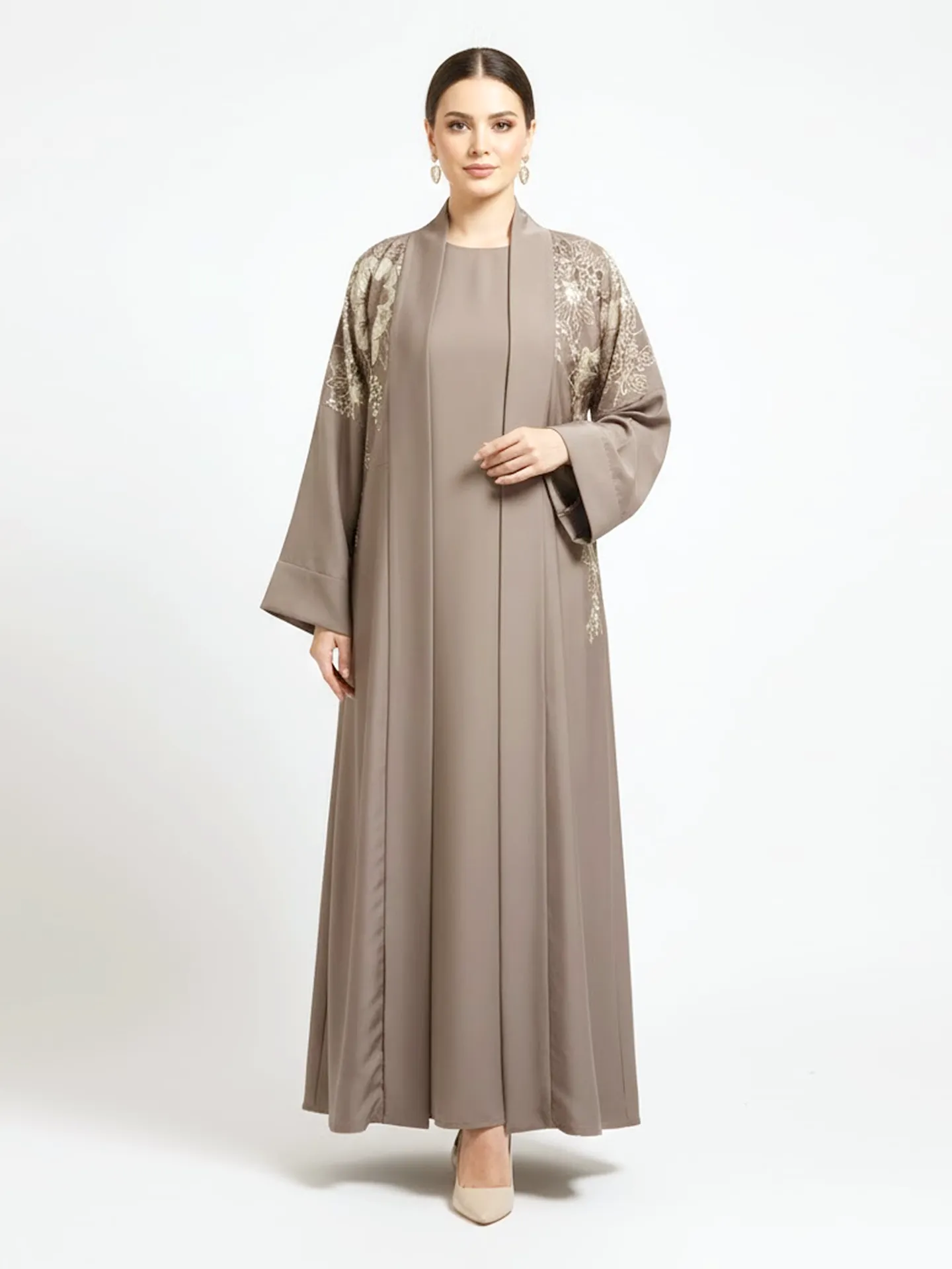 2 Pieces Premium Khaki Open Abaya Set With Inner Elegant Floral Embroidery Casual Muslim Abaya Dress
