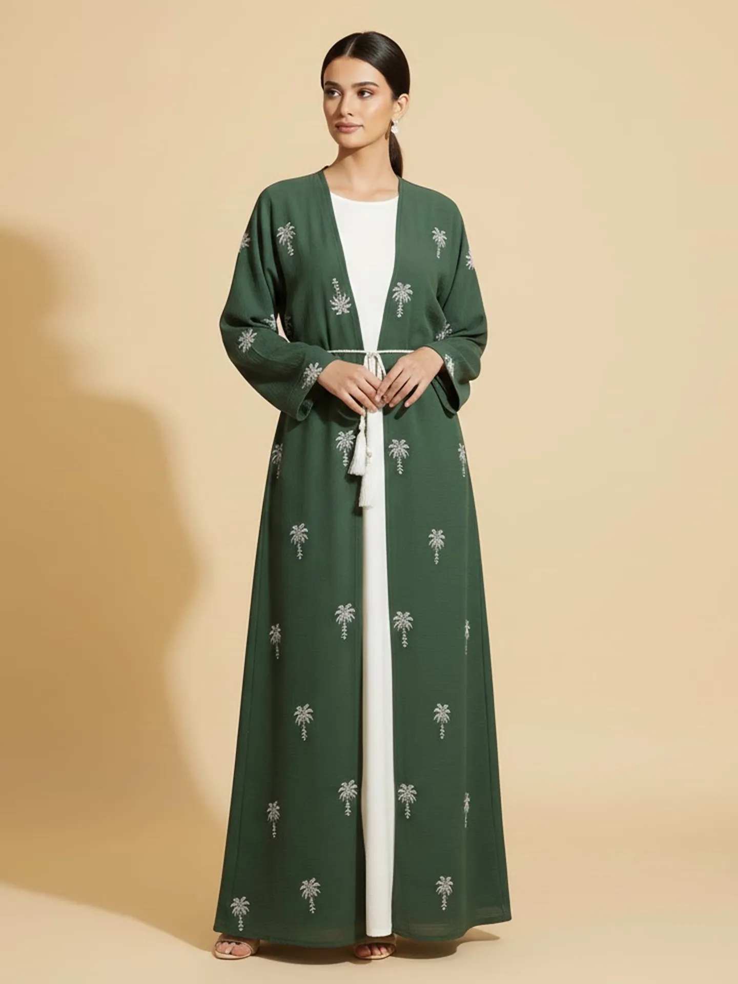 2 Pieces Palm Pattern Embroidery Women's Abaya With Inner Set Arabic Muslim Casual Abaya Dress