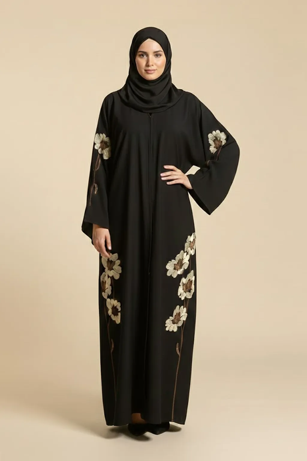 Women's Black Abaya With Gold Floral Embroidery Long Sleeve Button Closure Modest Dress Saudi Style