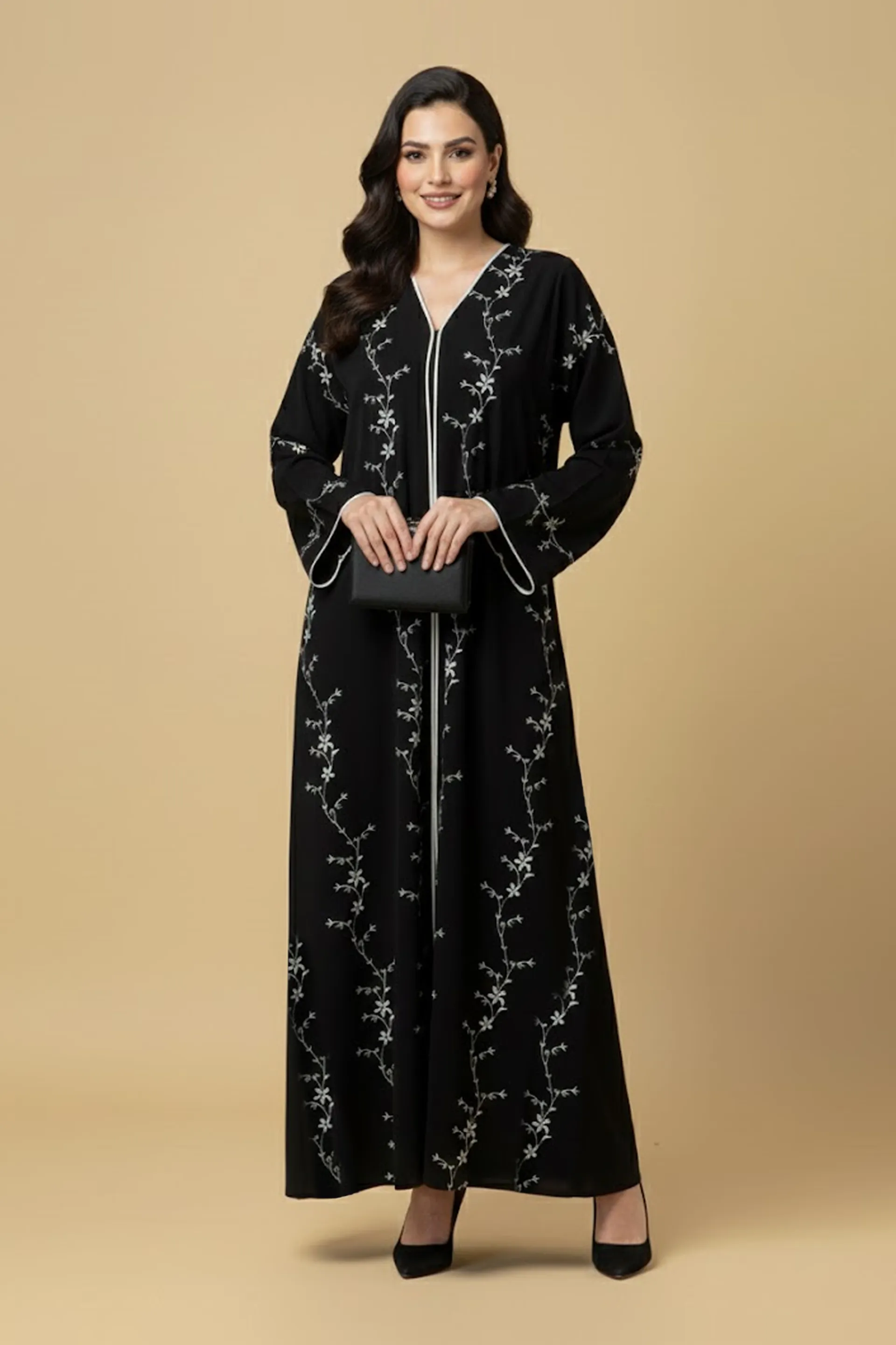 Black Floral Embroidered Abaya Modest Women’s Wear Arabic Muslim Long Sleeve Button Closure Abayas