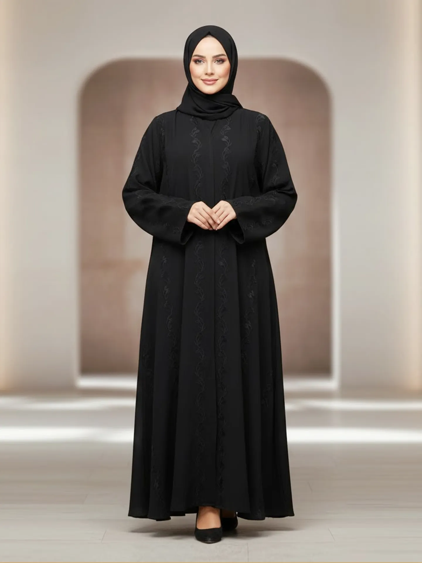 Stylish Black Embroidered Abaya Front Open Muslim Arabic V-neck Long Sleeve Women's Abaya Dress