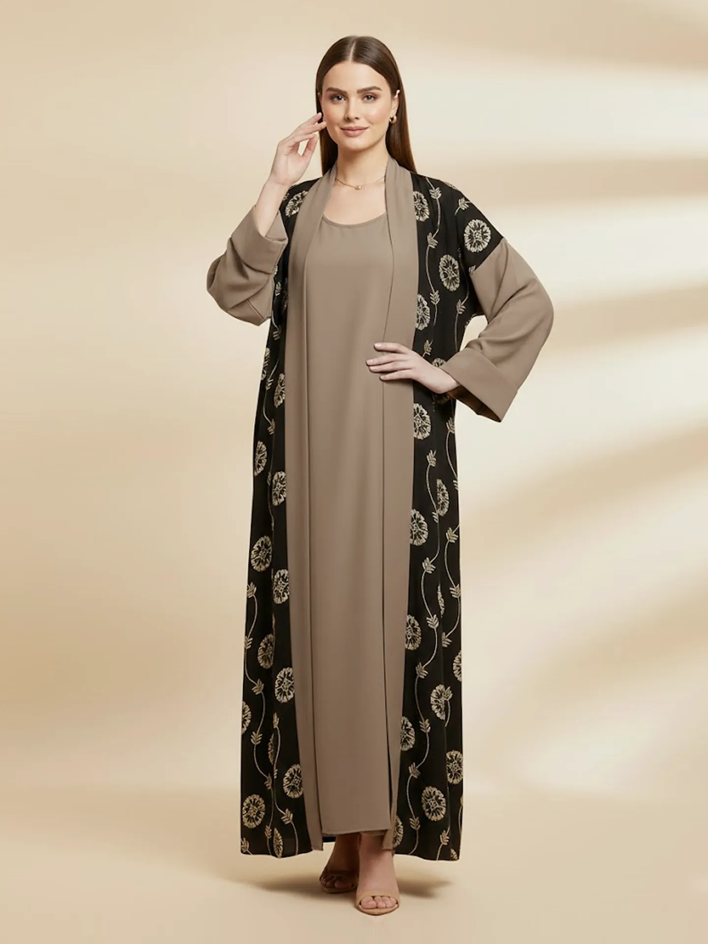 2 Piece Abaya Set Long Sleeve Embroidered Muslim Open Abaya With Matching Inner Dress For Women's
