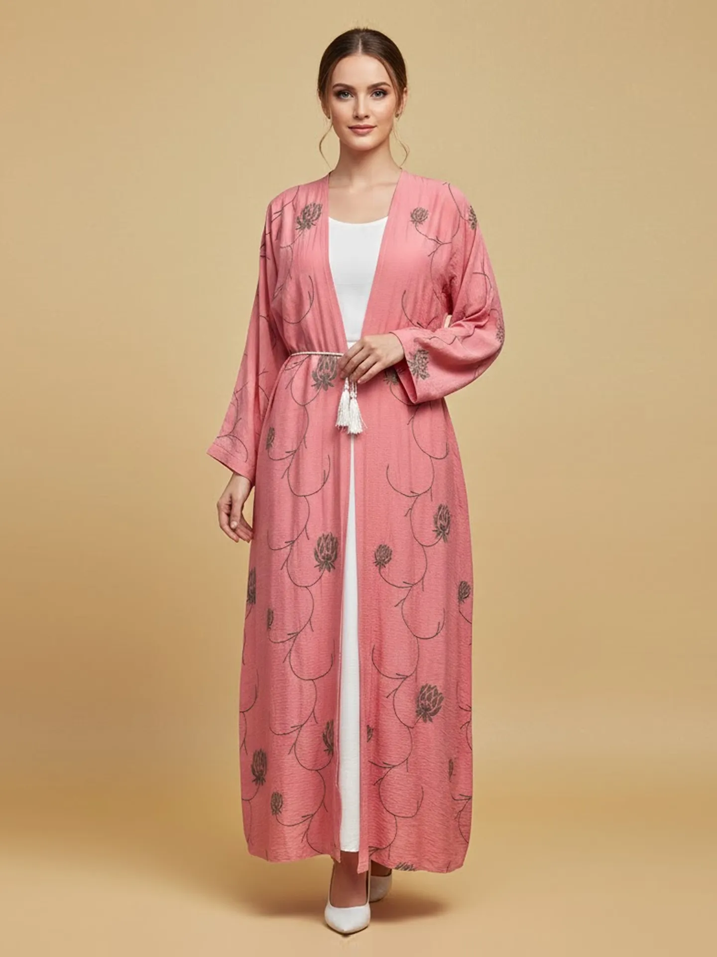 2 Pieces Women’s Long Pink Floral Kimono Abaya Stylish Open Robe With Inner Modern Dress Set