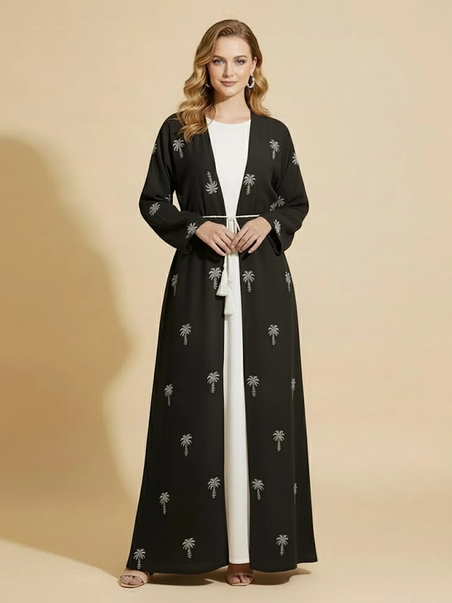 2 Pieces Palm Pattern Embroidery Women's Abaya With Inner Set Arabic Muslim Casual Abaya Dress