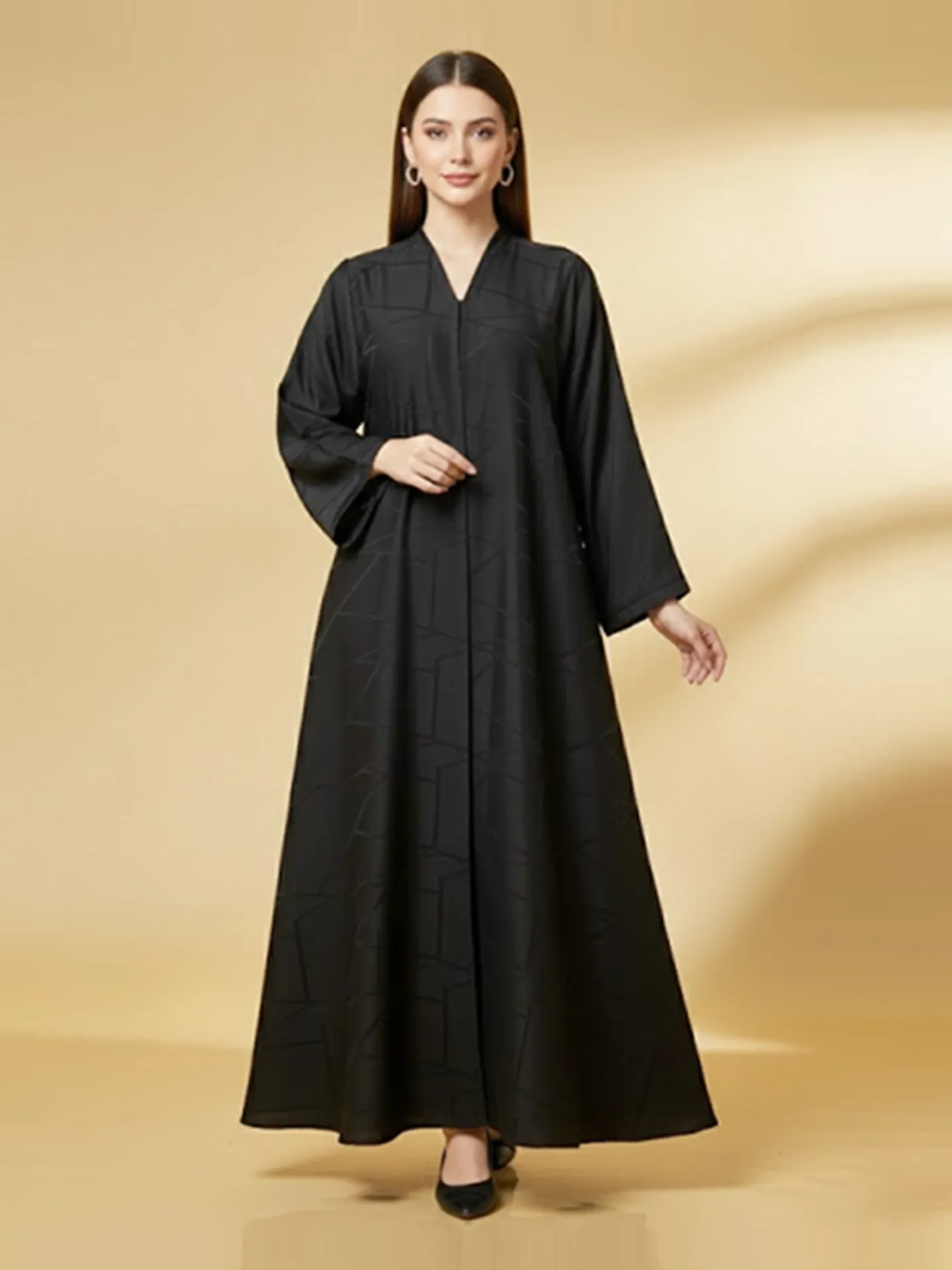 Modern V-neck Maxi Muslim Abaya Geometric Pattern Quality Fabric Long Sleeve A-line Womens Abaya