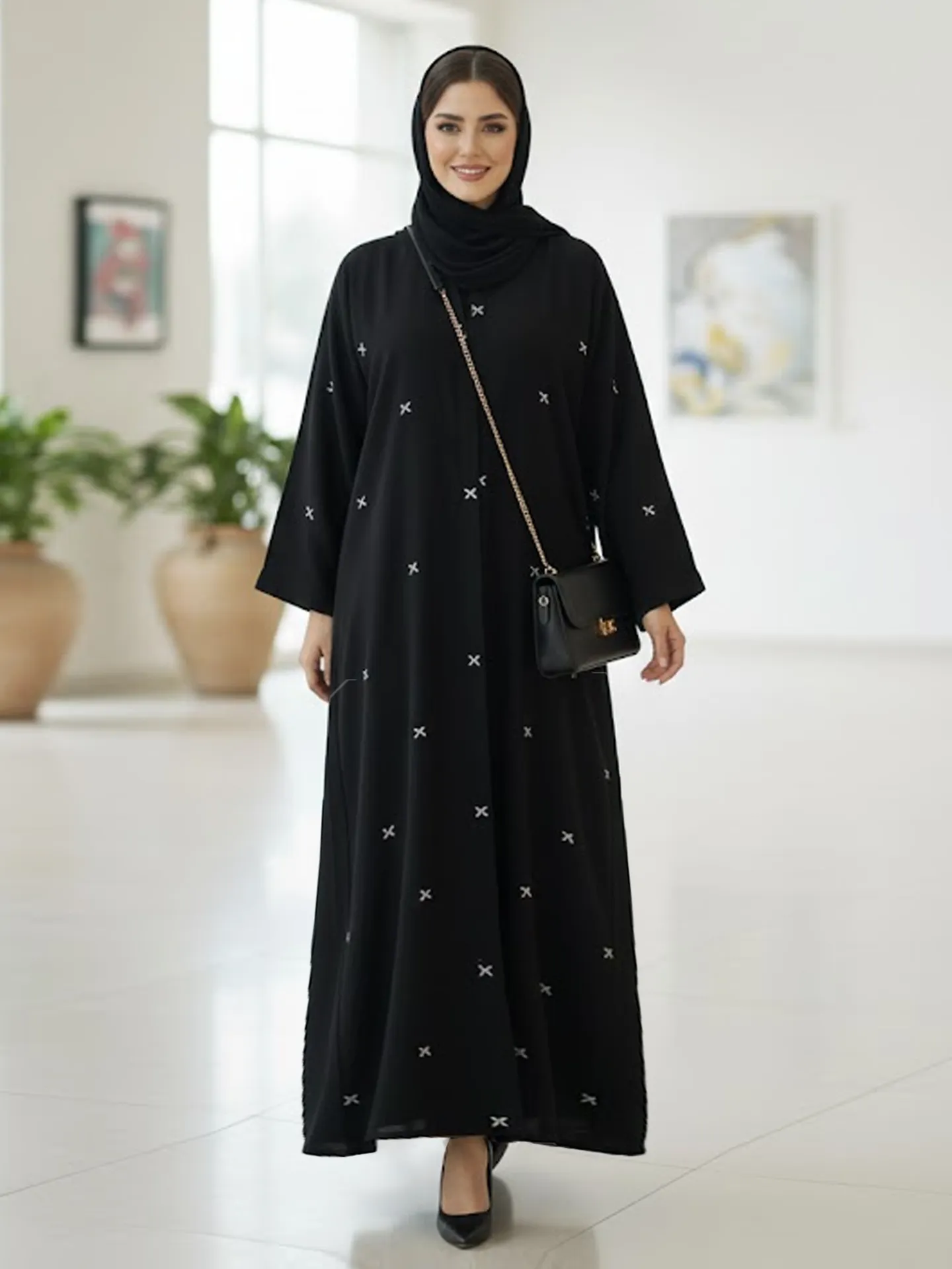 Elegant Black Embroidered Abaya For Women Modest Long Sleeve V-neck Maxi Dress With Hijab Style