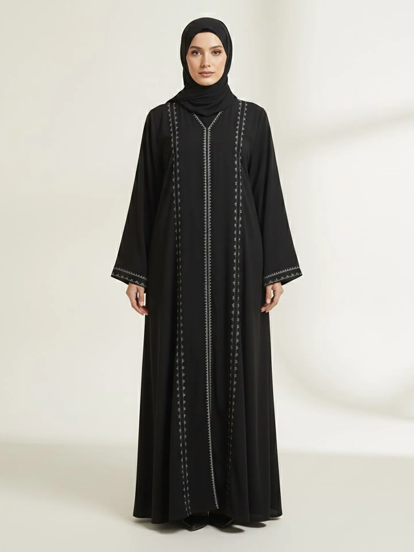 Premium Black Abaya With Front Embroidery Rhinestone Modern Modest Wear V-neck Long Sleeve Dress