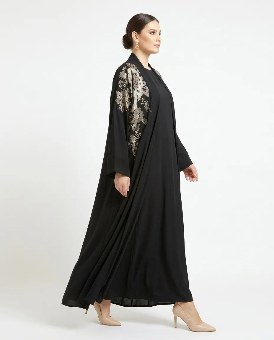 3 Pcs Premium Black Open Abaya Set With Inner And Sheila Floral Embroidery Muslim Abaya Dress