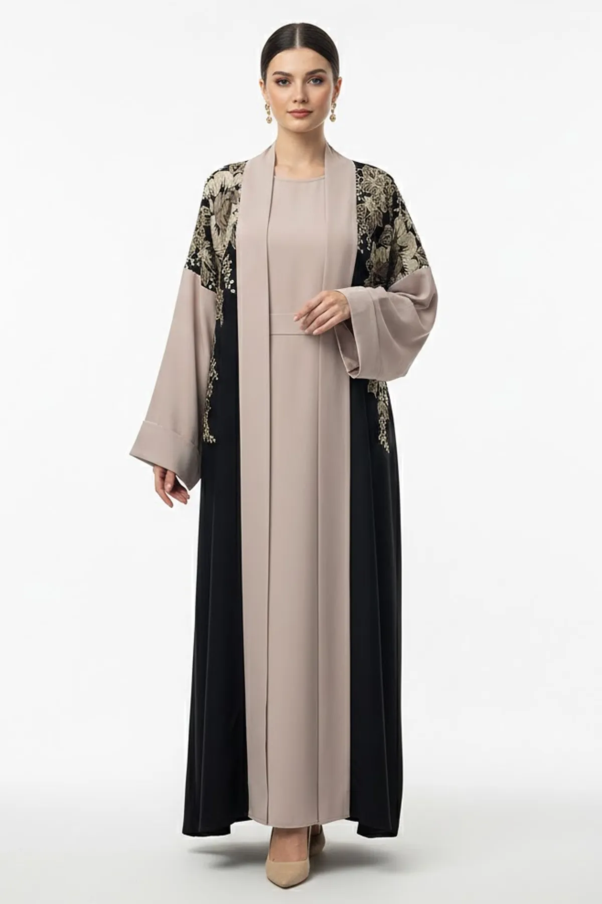 3 Pcs Premium Black Pink Open Abaya Set With Inner And Sheila Floral Embroidery Muslim Abaya Dress