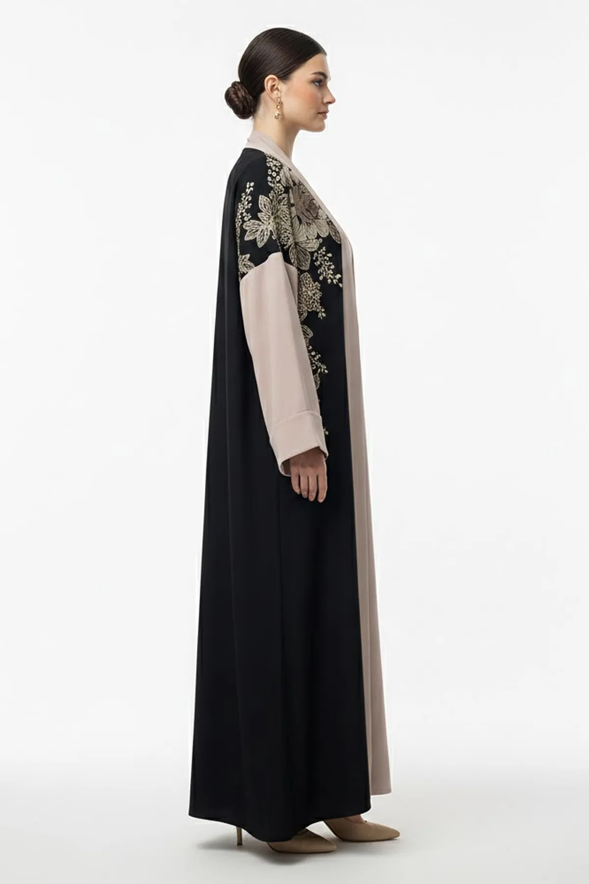 3 Pcs Premium Black Pink Open Abaya Set With Inner And Sheila Floral Embroidery Muslim Abaya Dress