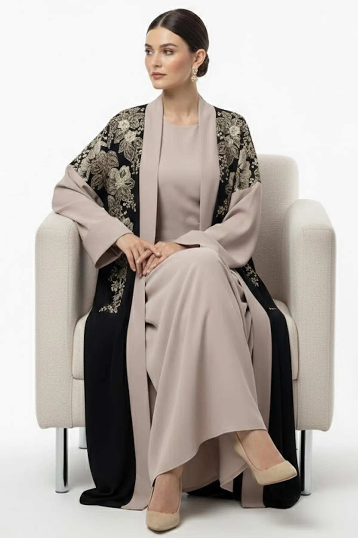 3 Pcs Premium Black Pink Open Abaya Set With Inner And Sheila Floral Embroidery Muslim Abaya Dress