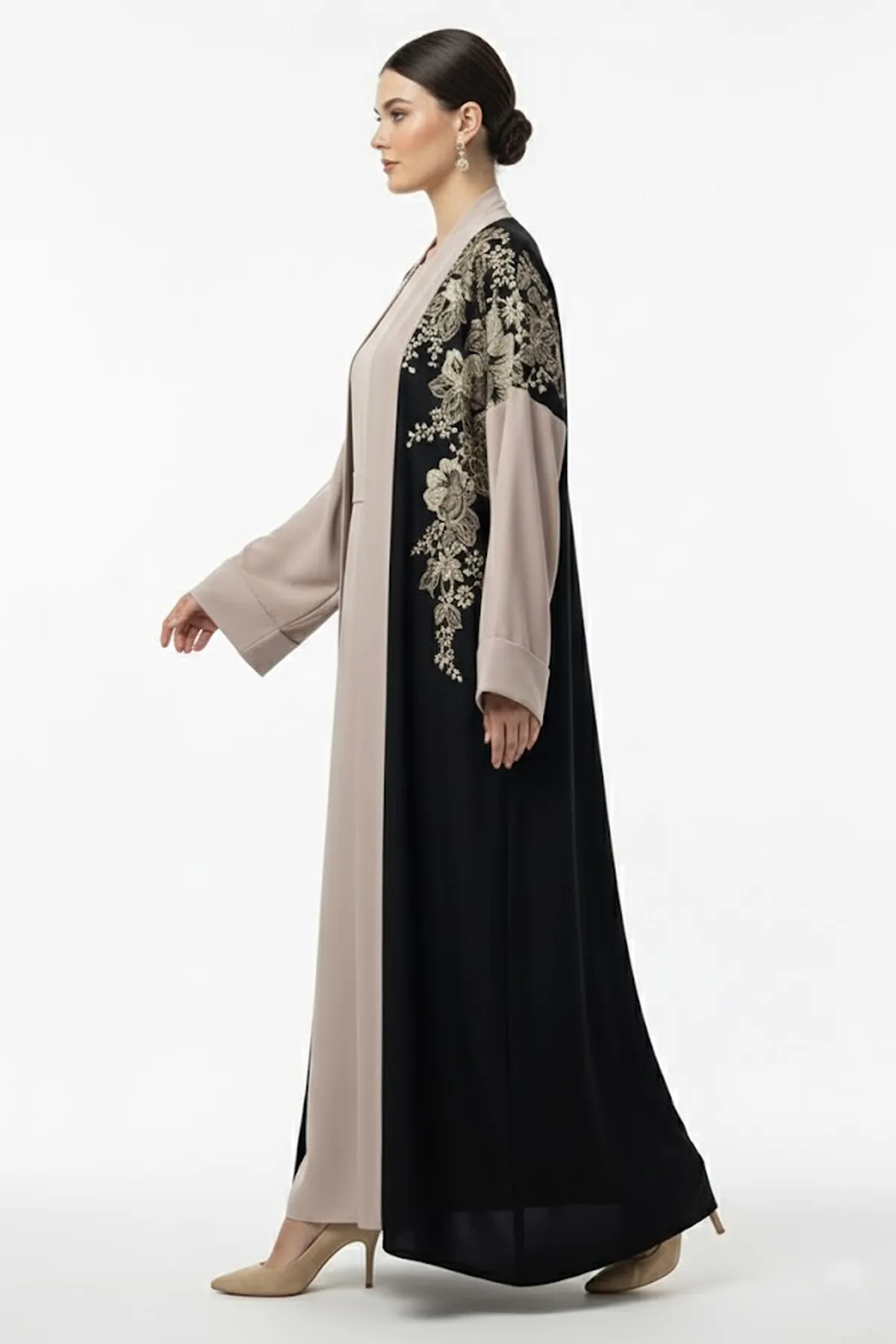 3 Pcs Premium Black Pink Open Abaya Set With Inner And Sheila Floral Embroidery Muslim Abaya Dress
